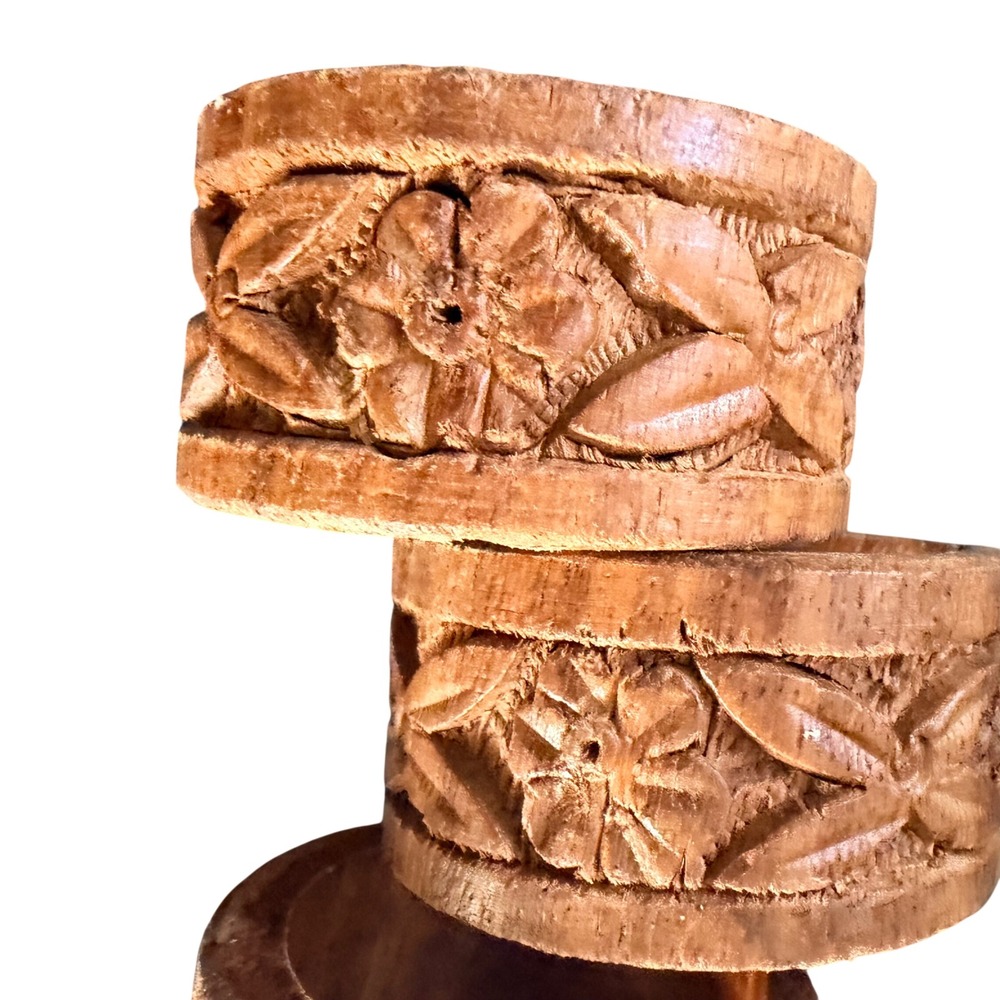 Vintage Hand Carved Wood Napkin Rings Set of 4 Floral Boho Tropical Dining Decor - Picture 4 of 4